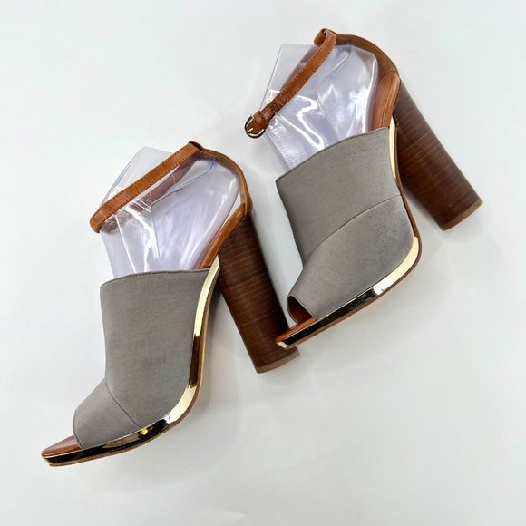 Rebecca Minkoff Ragini Heels Womens 6 Gray Brown Gold Lined Peep Toe Ankle Strap - Picture 3 of 4